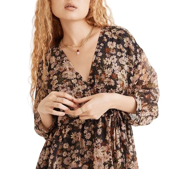Madewell Drawstring Faux-Wrap Mini Dress in Daisy Reverie Sz S - Picture 4 of 16
